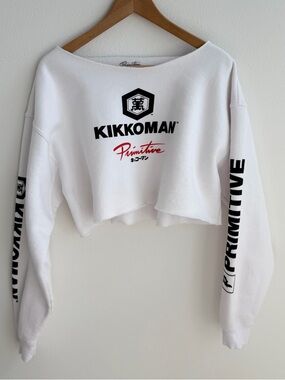 Primitive x Kikkoman white cropped off the shoulder sweatshirt